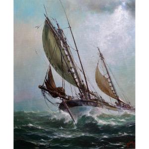 Léon Zeytline "the Tuna Boat On The High Seas" Oil On Canvas - Boat - Fishing - Brittany