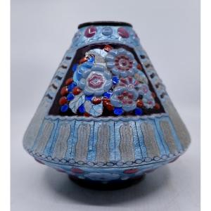 Jules Sarlandié Vase (1874-1936) - Truncated Conical Vase In Enameled Brass - Circa 1925 - Limoges