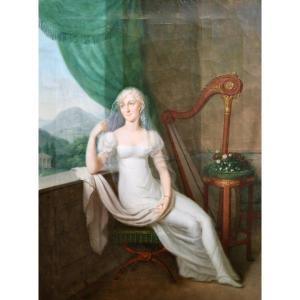 Painting By Jean Henri Cless (1774 - 1812) "woman In A White Dress In An Interior With A Harp" 