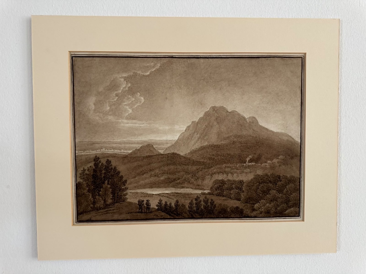 Paysage romantique avec une falaise et des voyageurs