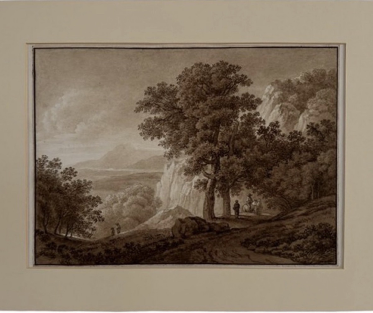 « Paysage romantique avec falaises » — dessin attribué à Jacob Philipp Hackert (1737–1807).