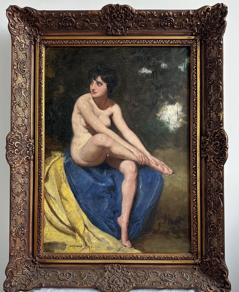 "large Seated Nude On Blue And Yellow Drapery" — Mária Szánthó (1897–1998)