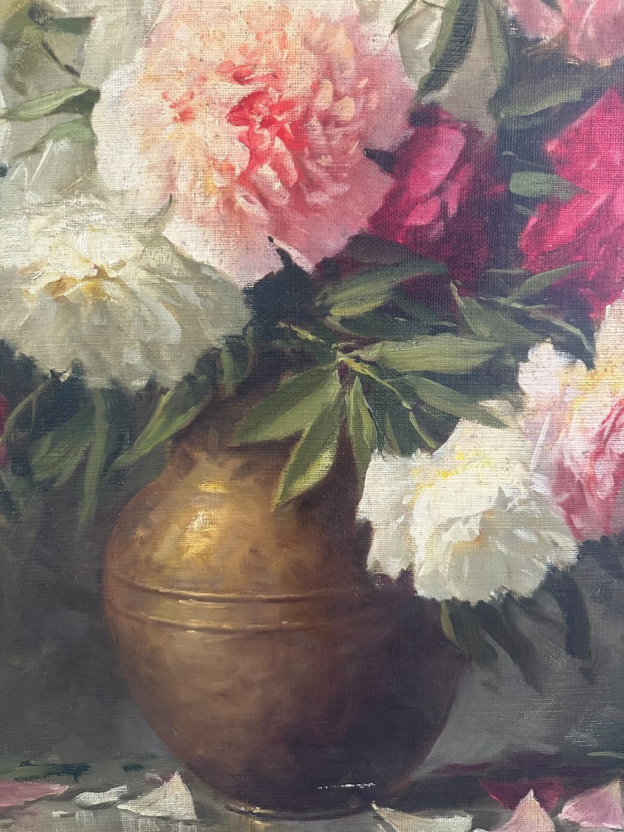 Adrienne Henczné Deák (1890–1956) – Still Life With Peonies In A Bronze Vase-photo-2