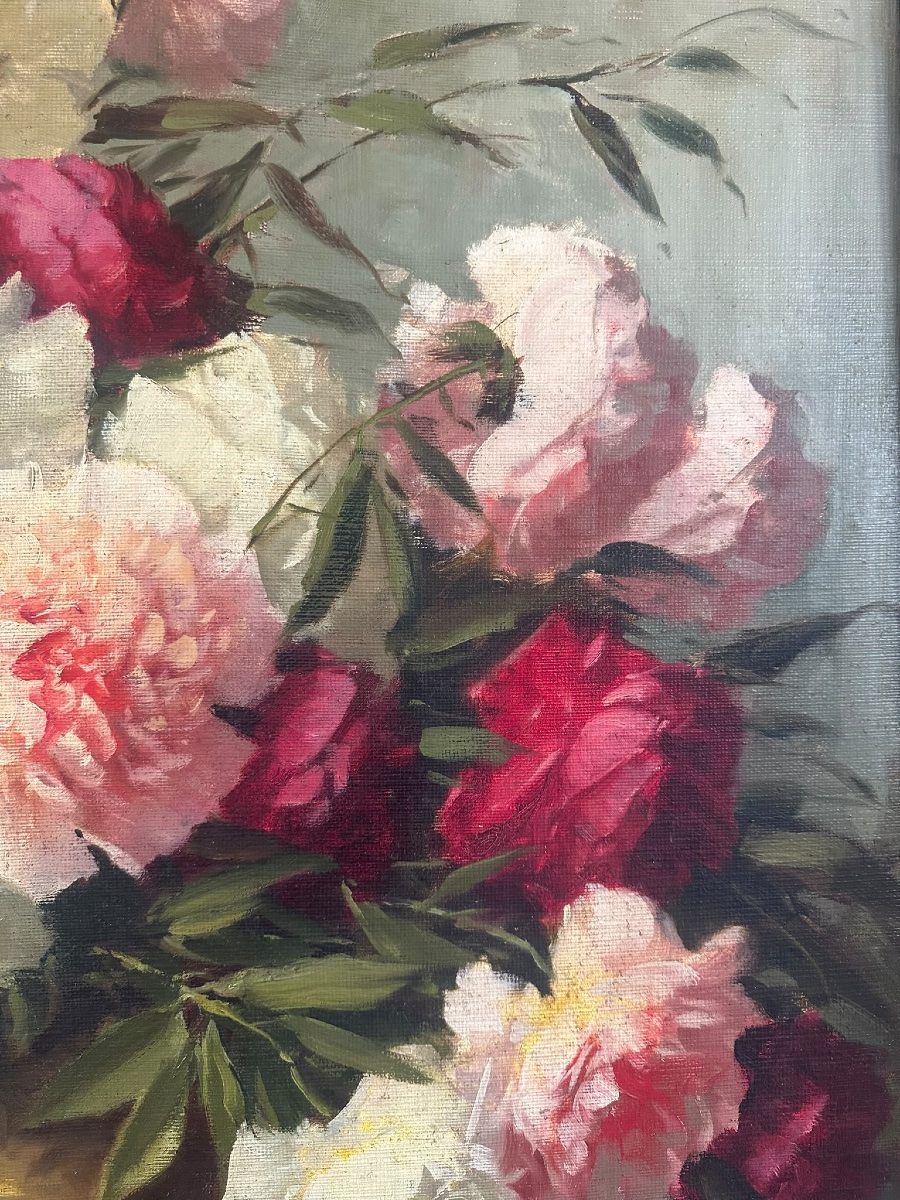 Adrienne Henczné Deák (1890–1956) – Still Life With Peonies In A Bronze Vase-photo-4