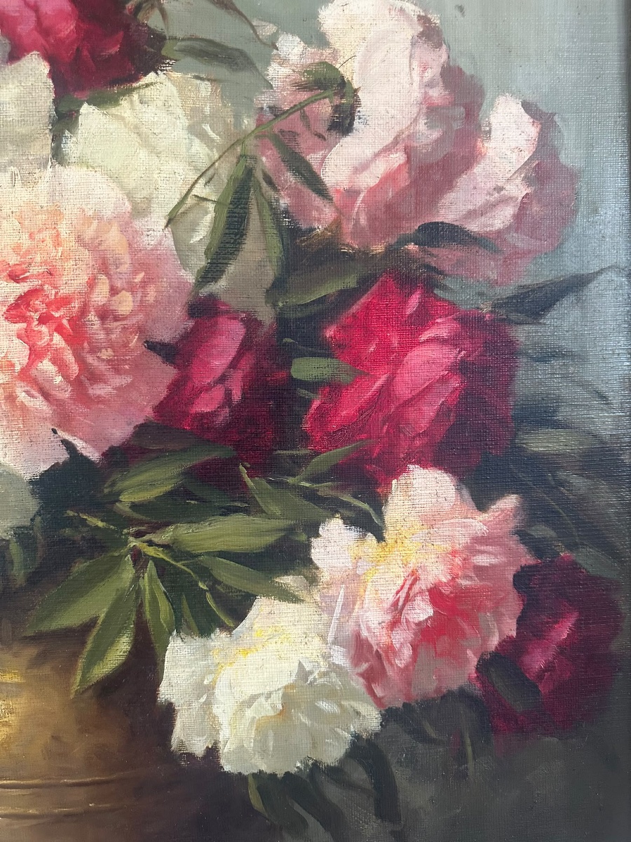 Adrienne Henczné Deák (1890–1956) – Still Life With Peonies In A Bronze Vase-photo-6