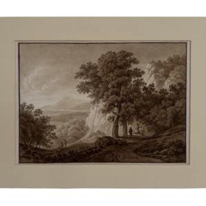 « Paysage romantique avec falaises » — dessin attribué à Jacob Philipp Hackert (1737–1807).