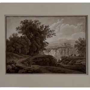 « Paysage romantique avec une cascade » — dessin attribué à Jacob Philipp Hackert (1737–1807).