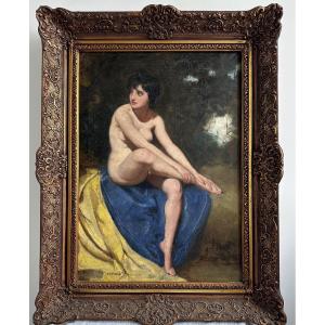 Large Seated Nude on Blue and Yellow Drapery — Mária Szánthó (1897-1998)