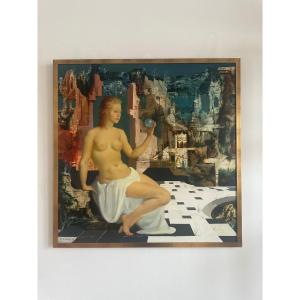Marcel Delmotte - Jeune femme à la sphère sur fond de paysage surréaliste (1960)