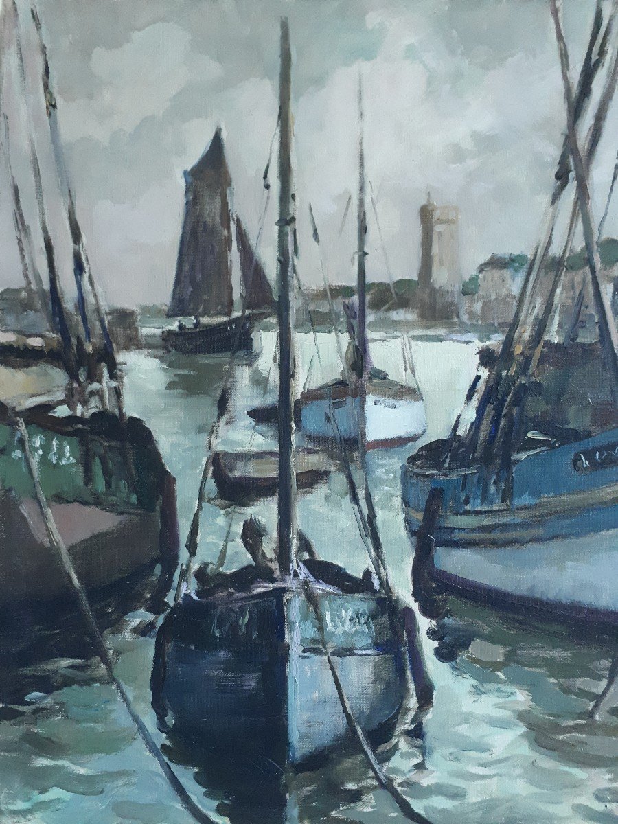 Alain BEAUFRETON (1903-?) huile sur toile - Les Sables d'Olonne - marine port bateaux-photo-2