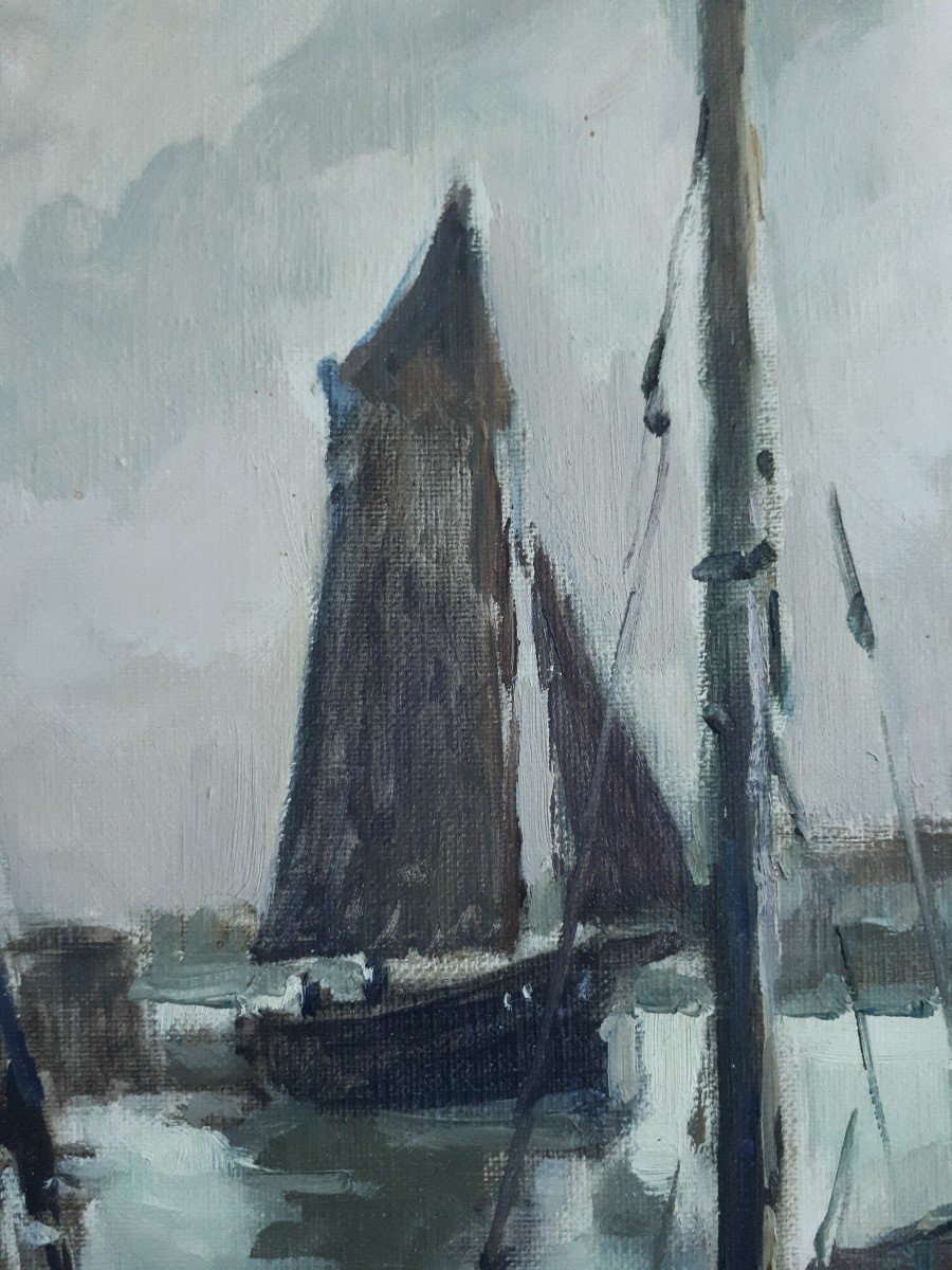 Alain BEAUFRETON (1903-?) huile sur toile - Les Sables d'Olonne - marine port bateaux-photo-3