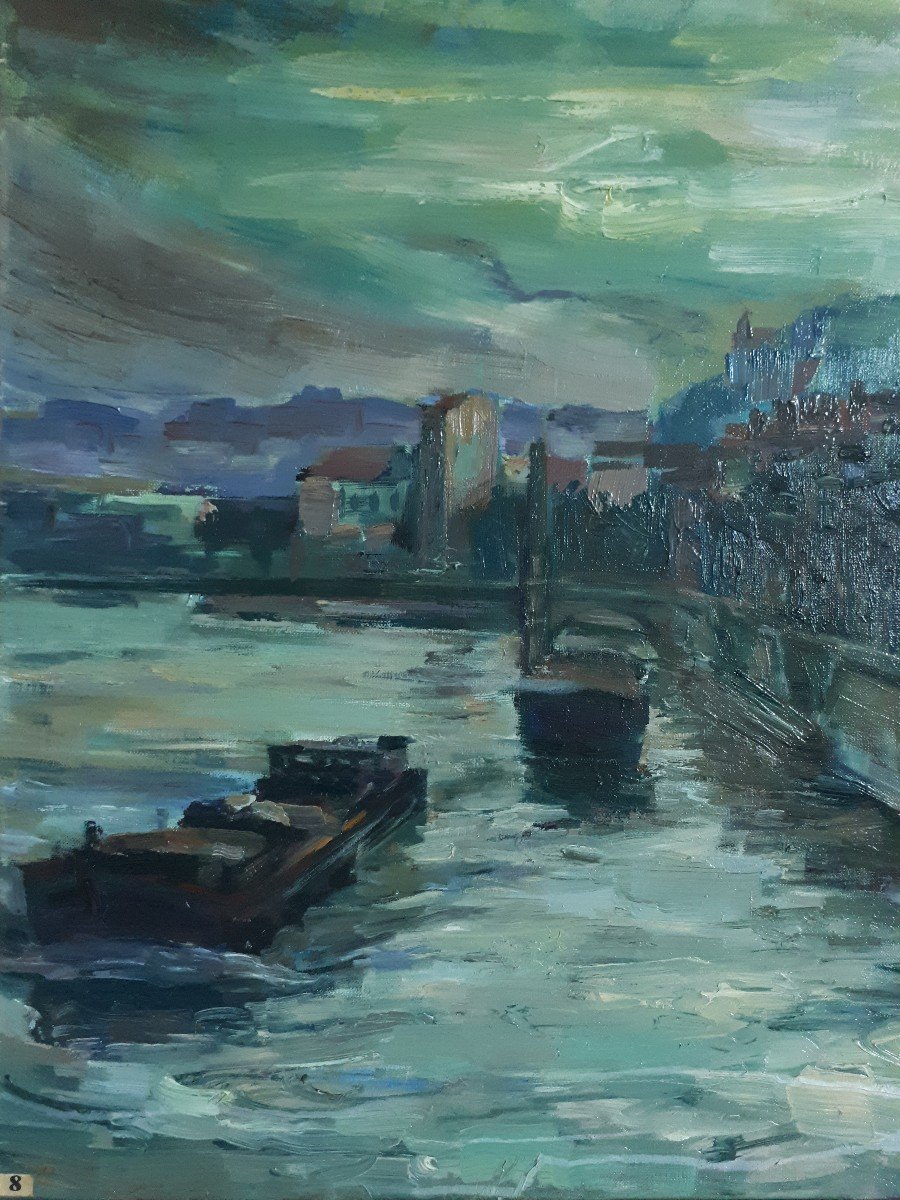 André Tony SIMPLET (1924-2011) vue de Lyon église Saint-Georges quais de Saône huile sur toile-photo-2