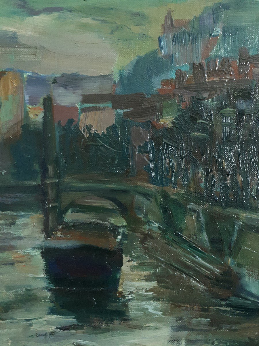 André Tony SIMPLET (1924-2011) vue de Lyon église Saint-Georges quais de Saône huile sur toile-photo-3