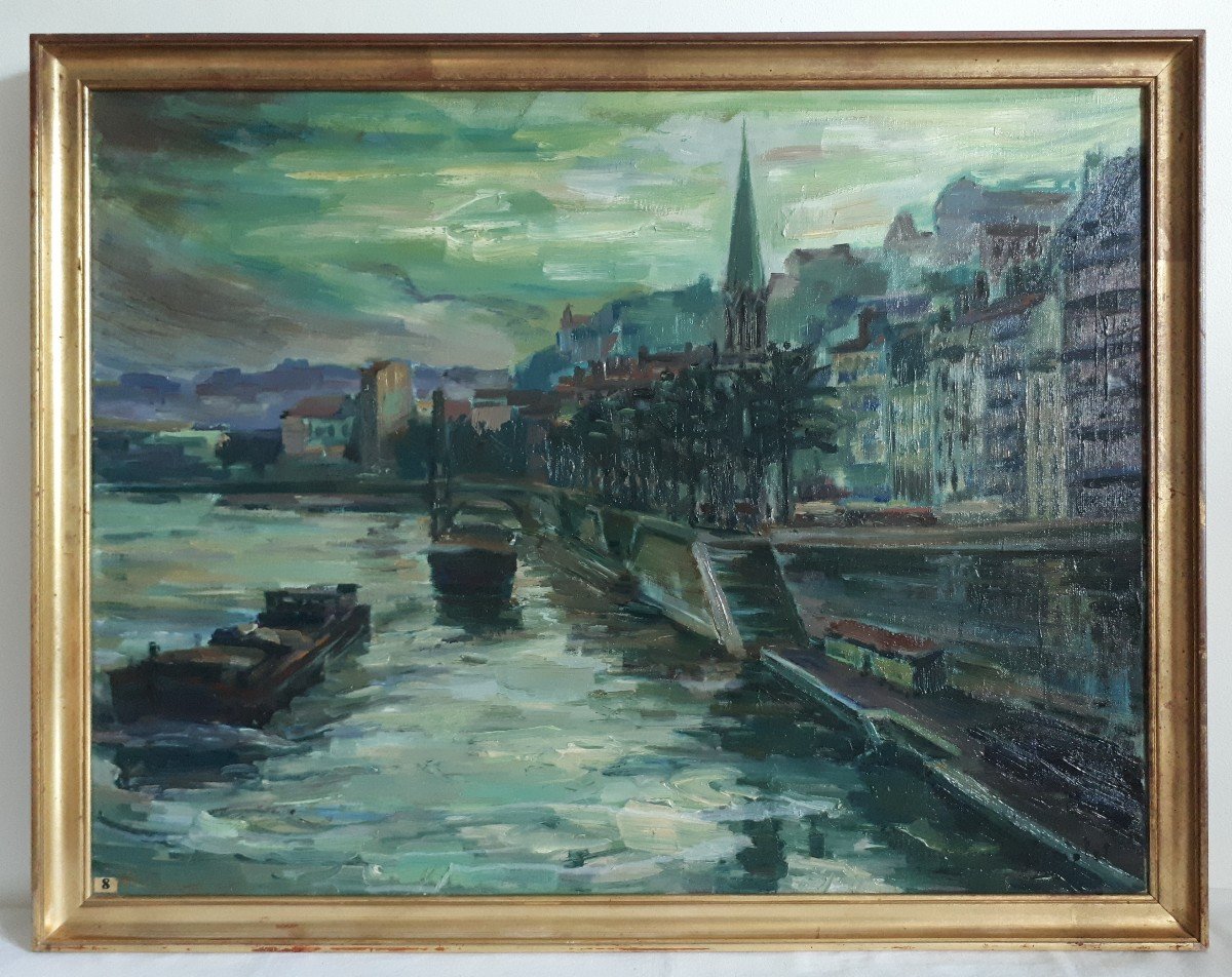 André Tony Simplet (1924-2011) View Of Lyon Saint-georges Church Quays Of Saône Oil On Canvas