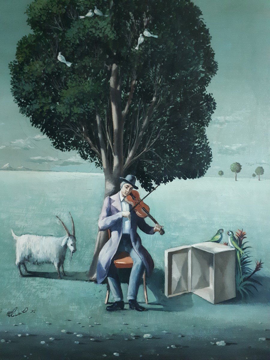 Tableau huile sur toile homme assis au violon violoniste surréalisme M. Yzadi 1970-photo-2