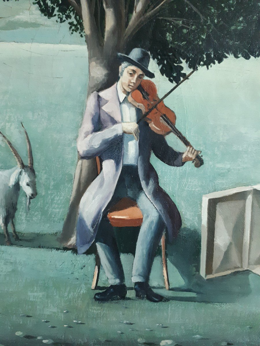 Tableau huile sur toile homme assis au violon violoniste surréalisme M. Yzadi 1970-photo-3