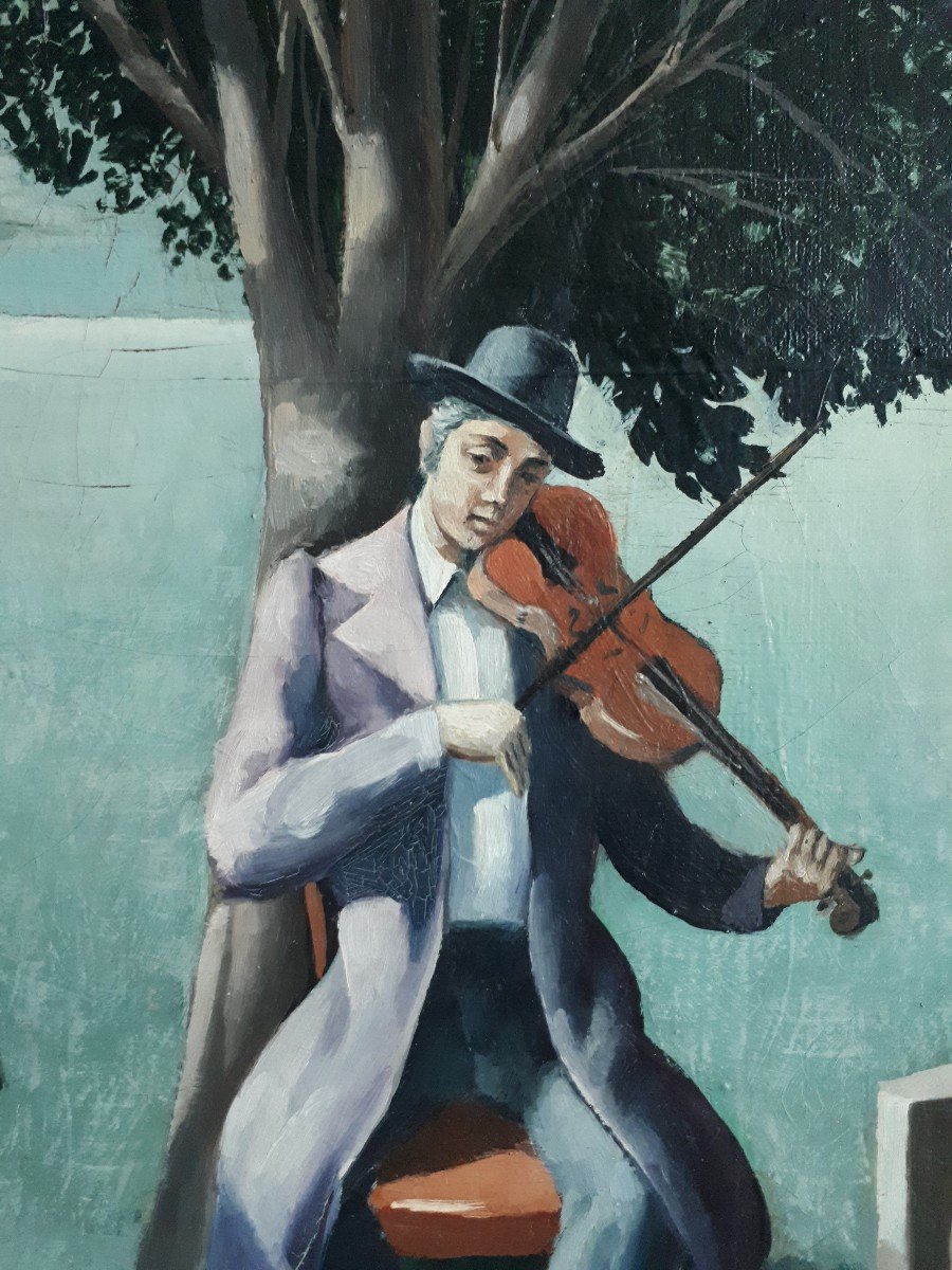 Tableau huile sur toile homme assis au violon violoniste surréalisme M. Yzadi 1970-photo-1