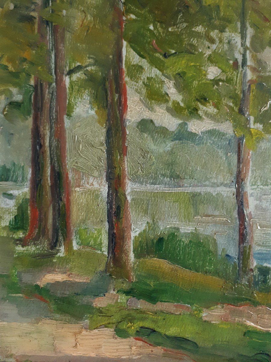 Marie Antoinette RAMEL paysage lacustre huile sur panneau-photo-3