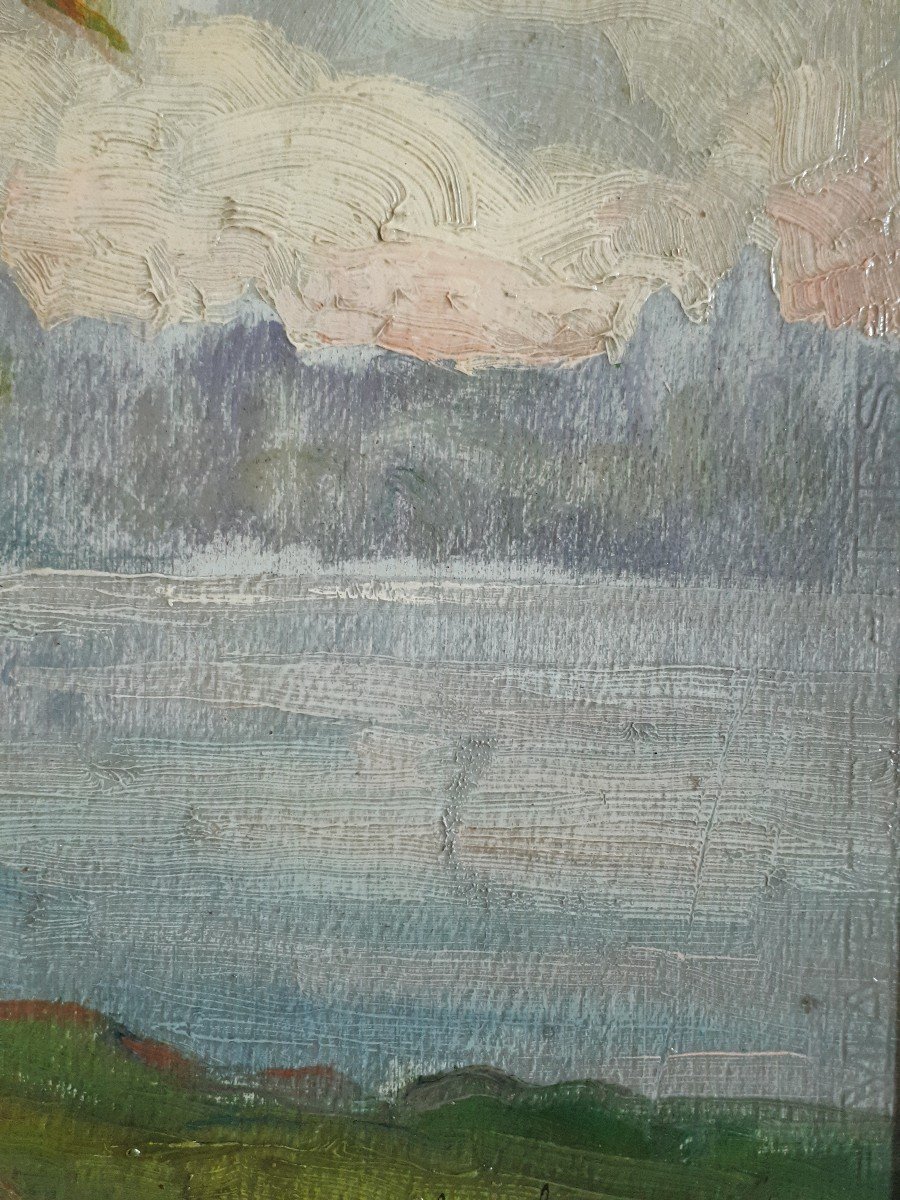 Marie Antoinette RAMEL paysage lacustre huile sur panneau-photo-5