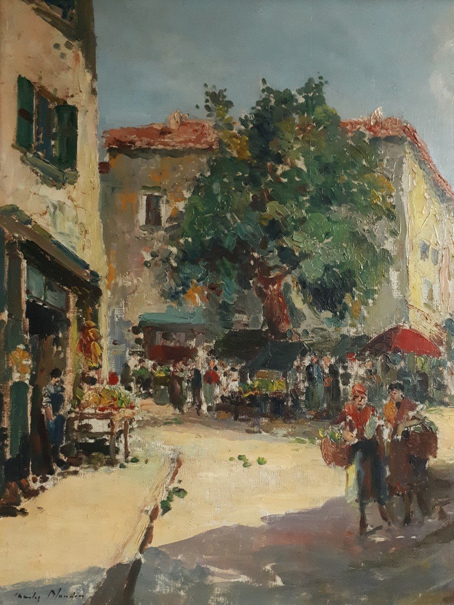 Charles BLONDIN (1913-1991) huile sur toile scène de marché provençal Provence-photo-2