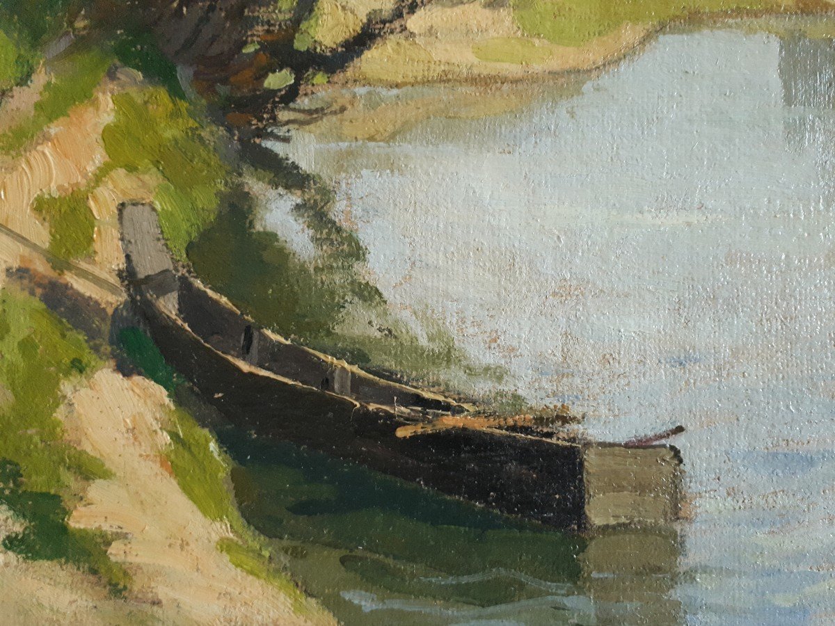 Tableau huile sur toile paysage lacustre barque-photo-1