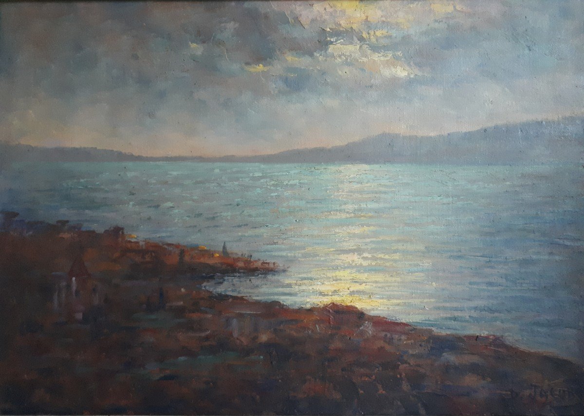 Dieudonné JACOBS (1887-1967) rade d'Ajaccio Corse paysage marin au crépuscule impressionnisme huile sur toile-photo-2