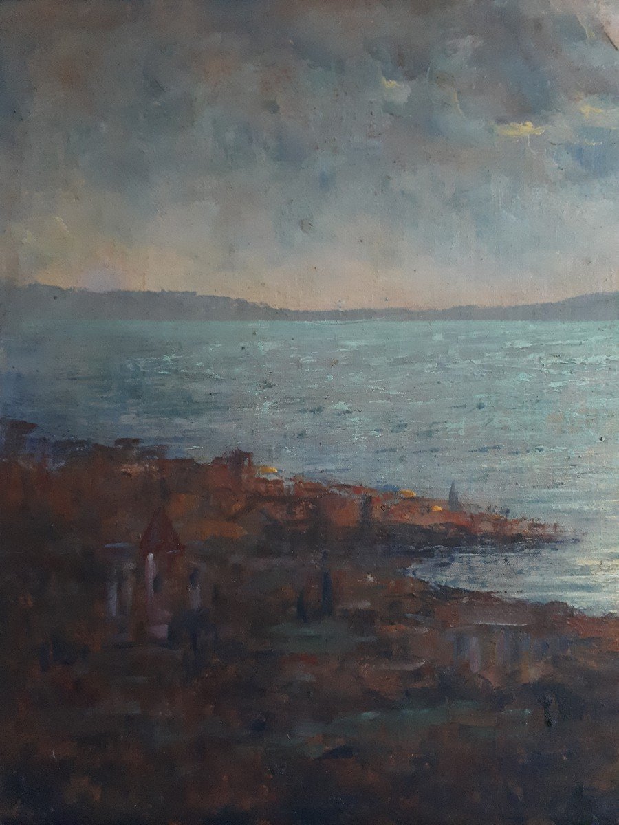 Dieudonné JACOBS (1887-1967) rade d'Ajaccio Corse paysage marin au crépuscule impressionnisme huile sur toile-photo-3