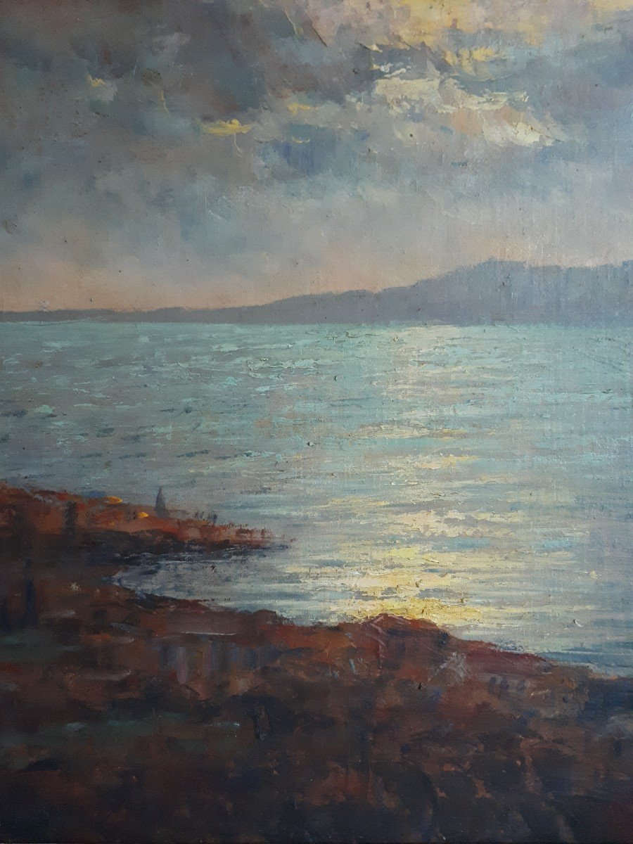 Dieudonné JACOBS (1887-1967) rade d'Ajaccio Corse paysage marin au crépuscule impressionnisme huile sur toile-photo-4