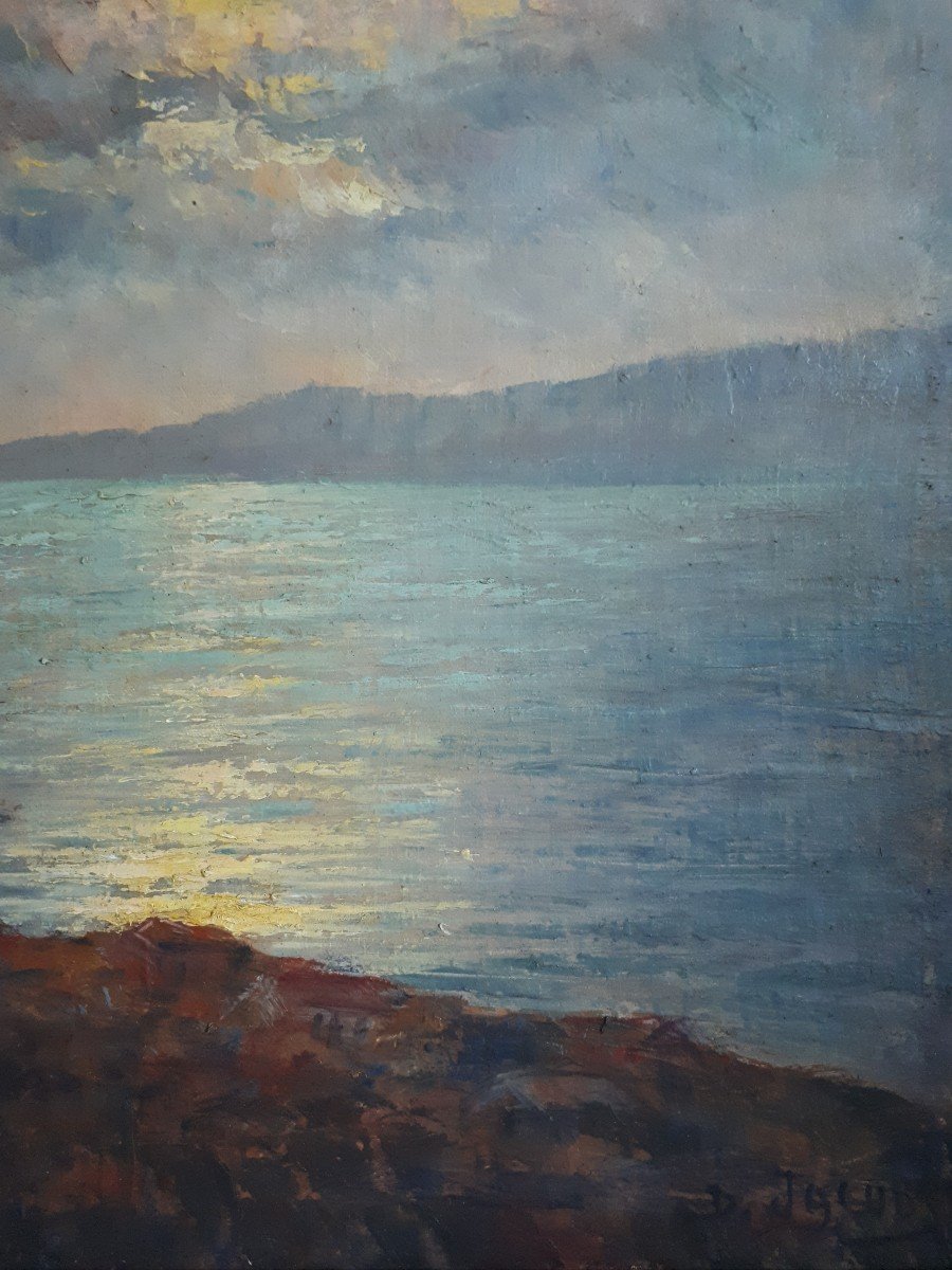 Dieudonné JACOBS (1887-1967) rade d'Ajaccio Corse paysage marin au crépuscule impressionnisme huile sur toile-photo-1