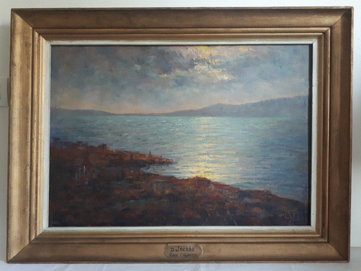 Dieudonné JACOBS (1887-1967) rade d'Ajaccio Corse paysage marin au crépuscule impressionnisme huile sur toile