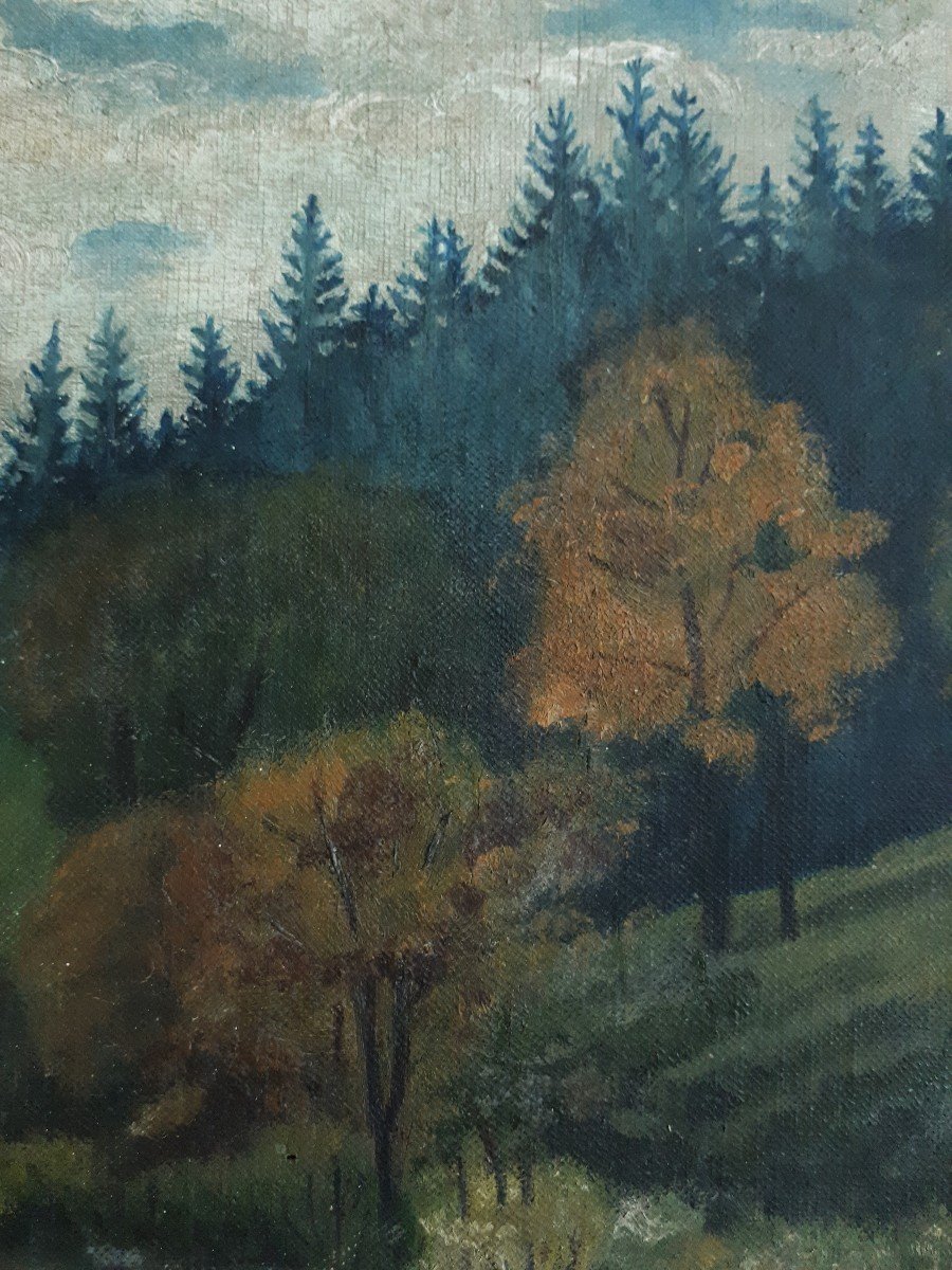 Huile sur toile paysage nuageux rivière forêt M. BASTARD-photo-2