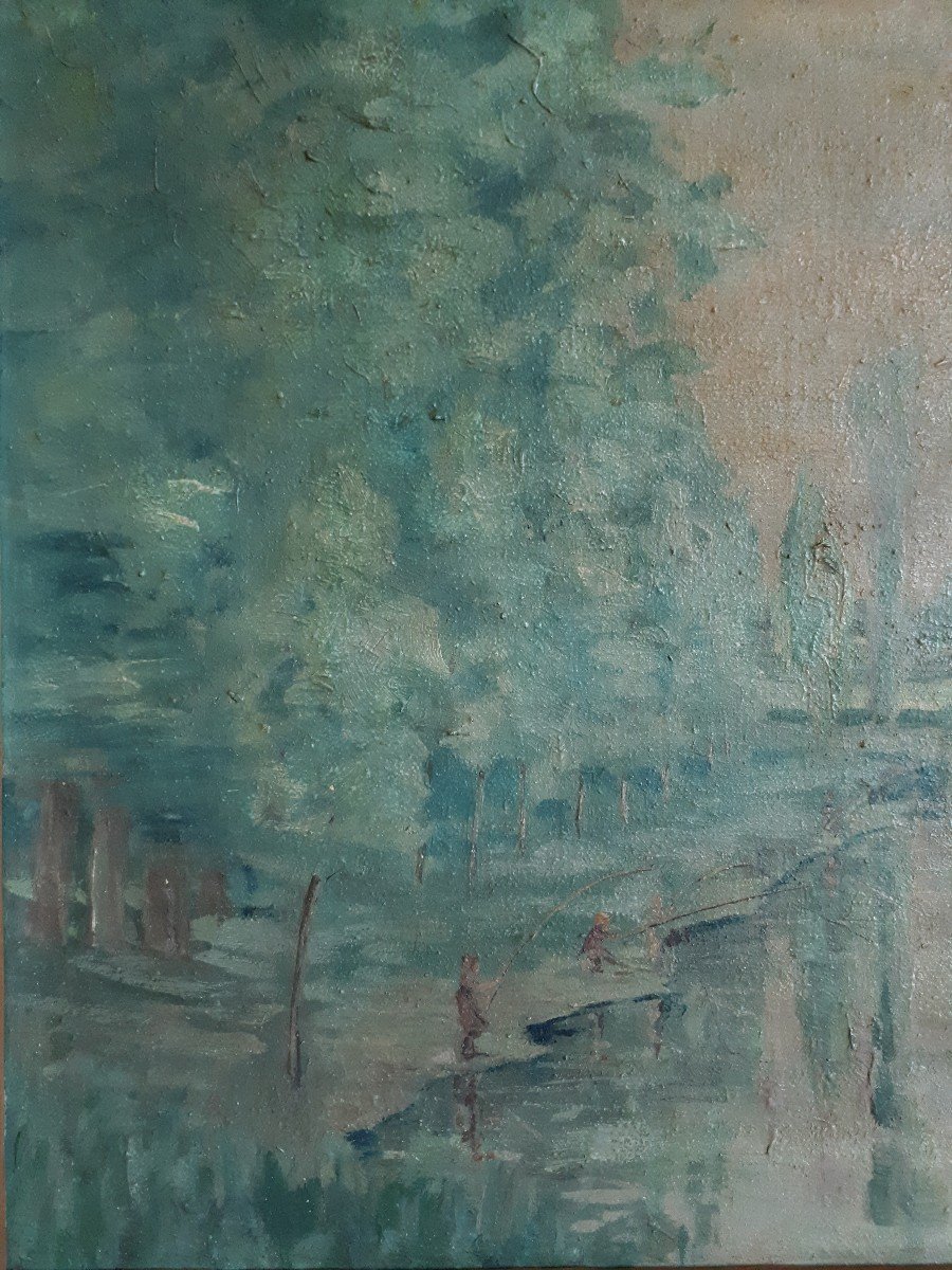 Tableau huile sur toile paysage rivière pêcheurs début XXème-photo-2