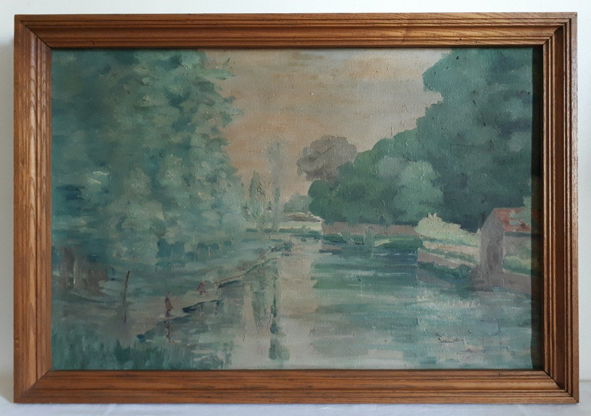 Tableau huile sur toile paysage rivière pêcheurs début XXème