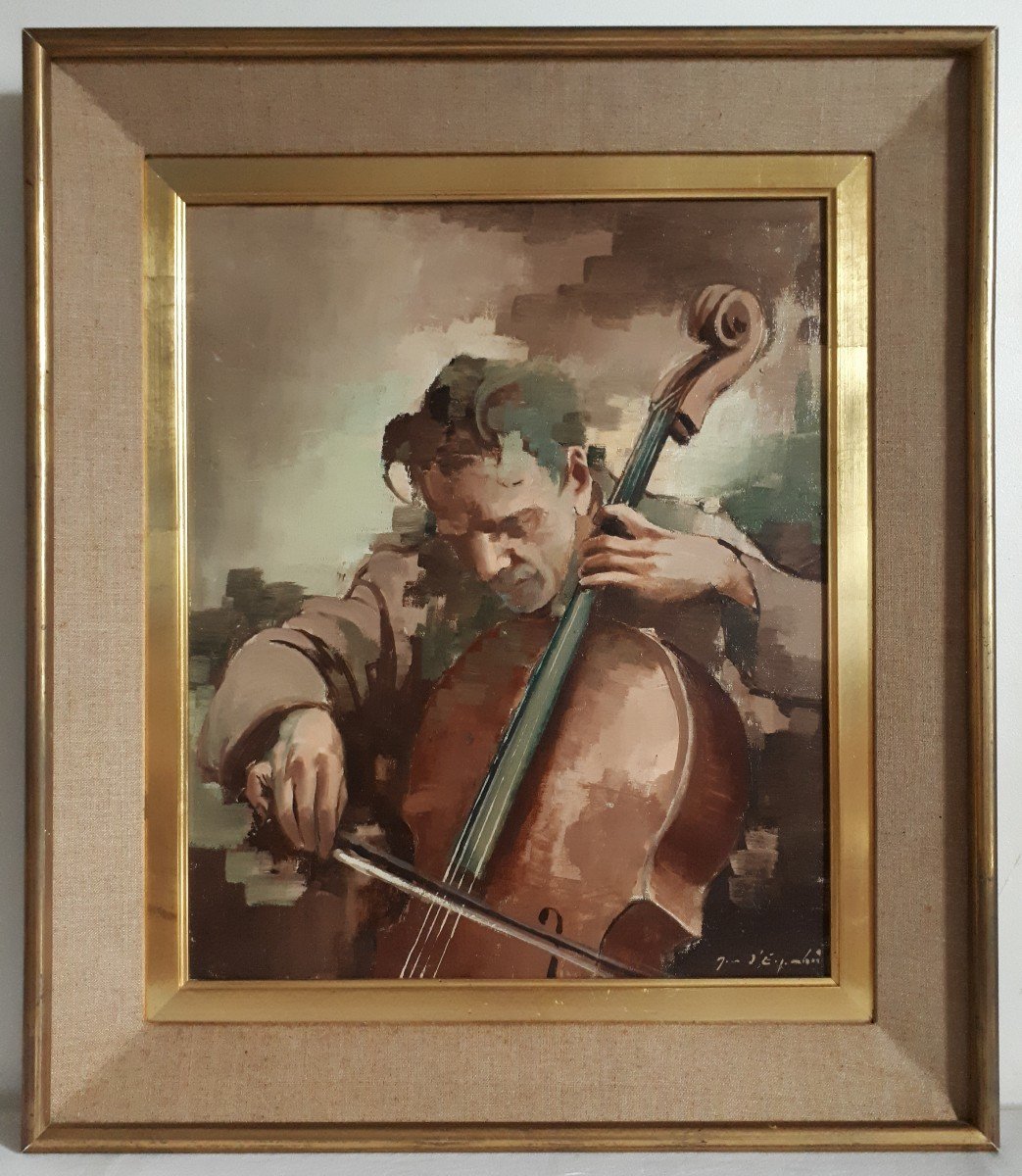 Jean d'ESPARBES (1899-1968) portrait de musicien violoncelliste huile sur toile-photo-2