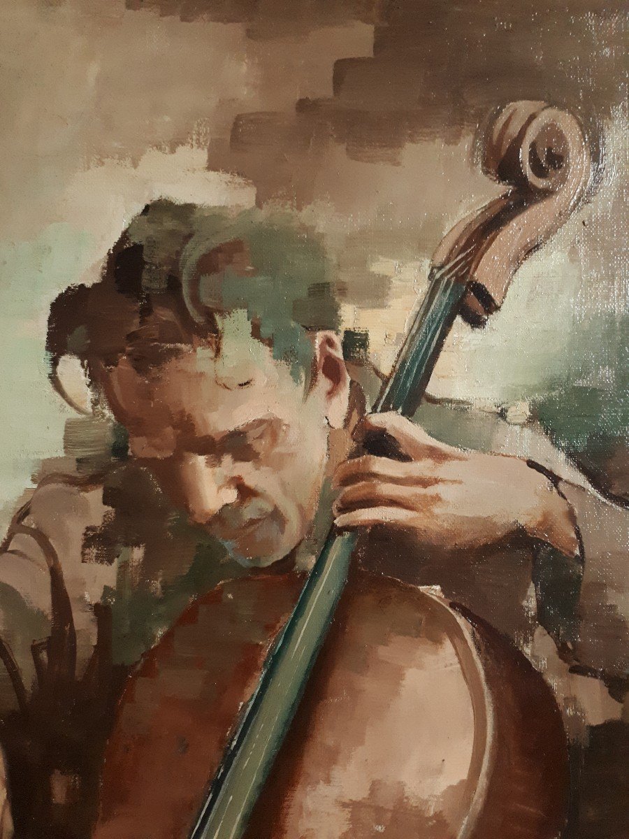 Jean d'ESPARBES (1899-1968) portrait de musicien violoncelliste huile sur toile-photo-3