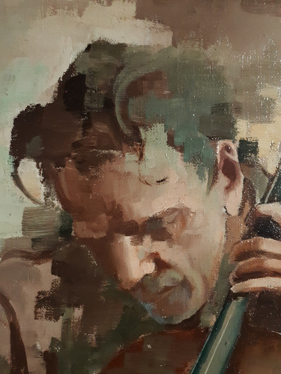 Jean d'ESPARBES (1899-1968) portrait de musicien violoncelliste huile sur toile-photo-1