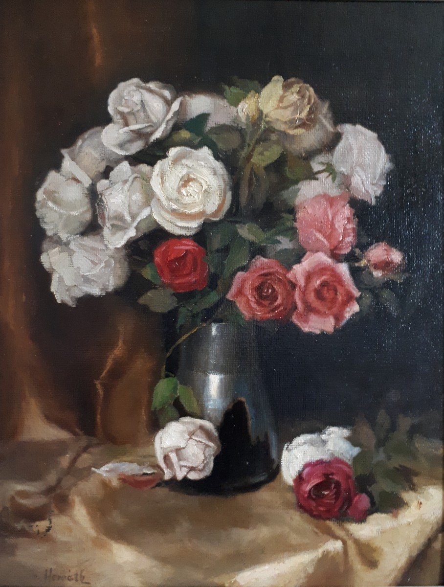 Lajos VON HORVATH (1903-1968) nature morte bouquet de fleurs roses huile sur panneau-photo-2