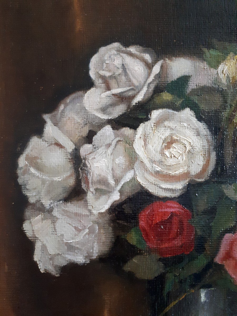 Lajos VON HORVATH (1903-1968) nature morte bouquet de fleurs roses huile sur panneau-photo-3