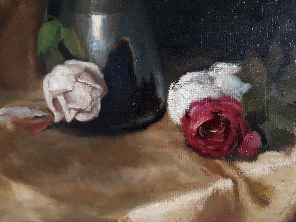 Lajos VON HORVATH (1903-1968) nature morte bouquet de fleurs roses huile sur panneau-photo-3