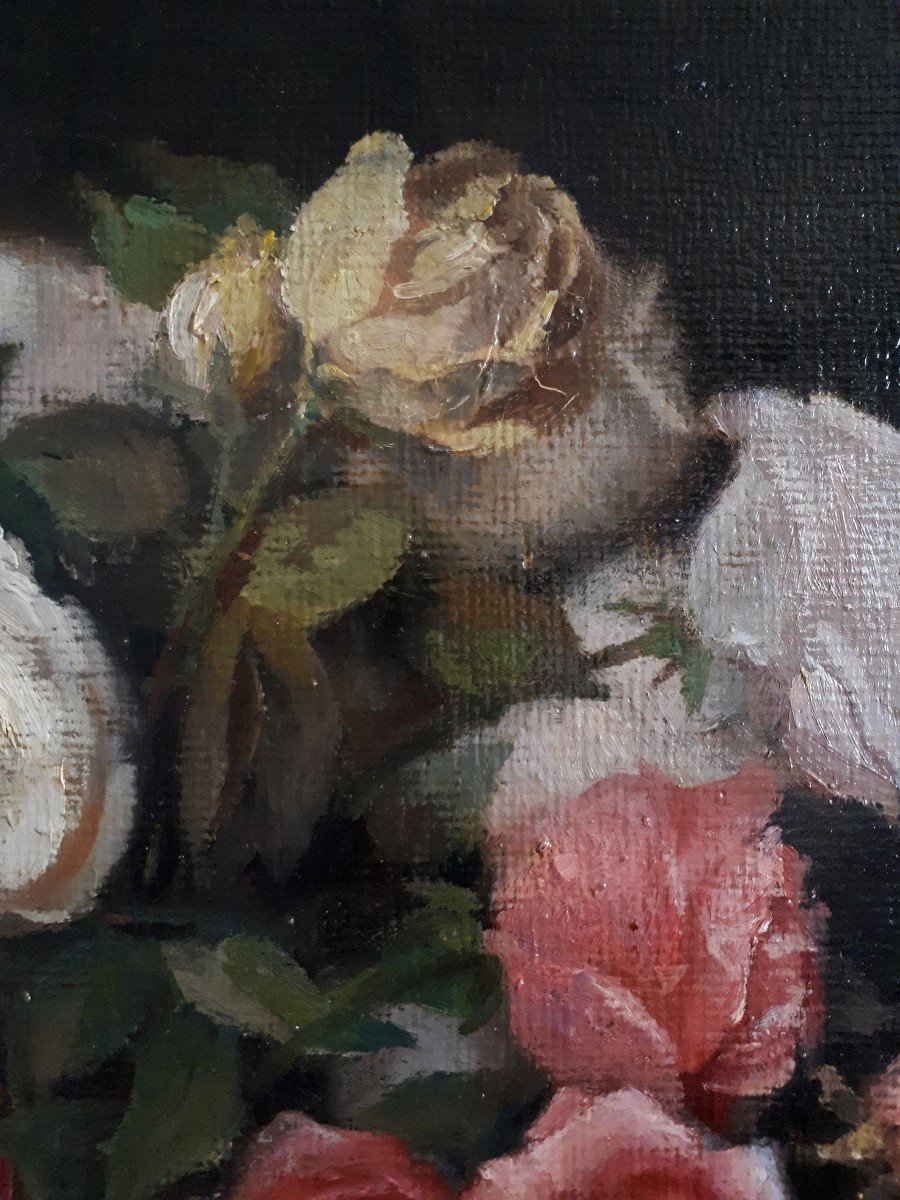 Lajos VON HORVATH (1903-1968) nature morte bouquet de fleurs roses huile sur panneau-photo-5