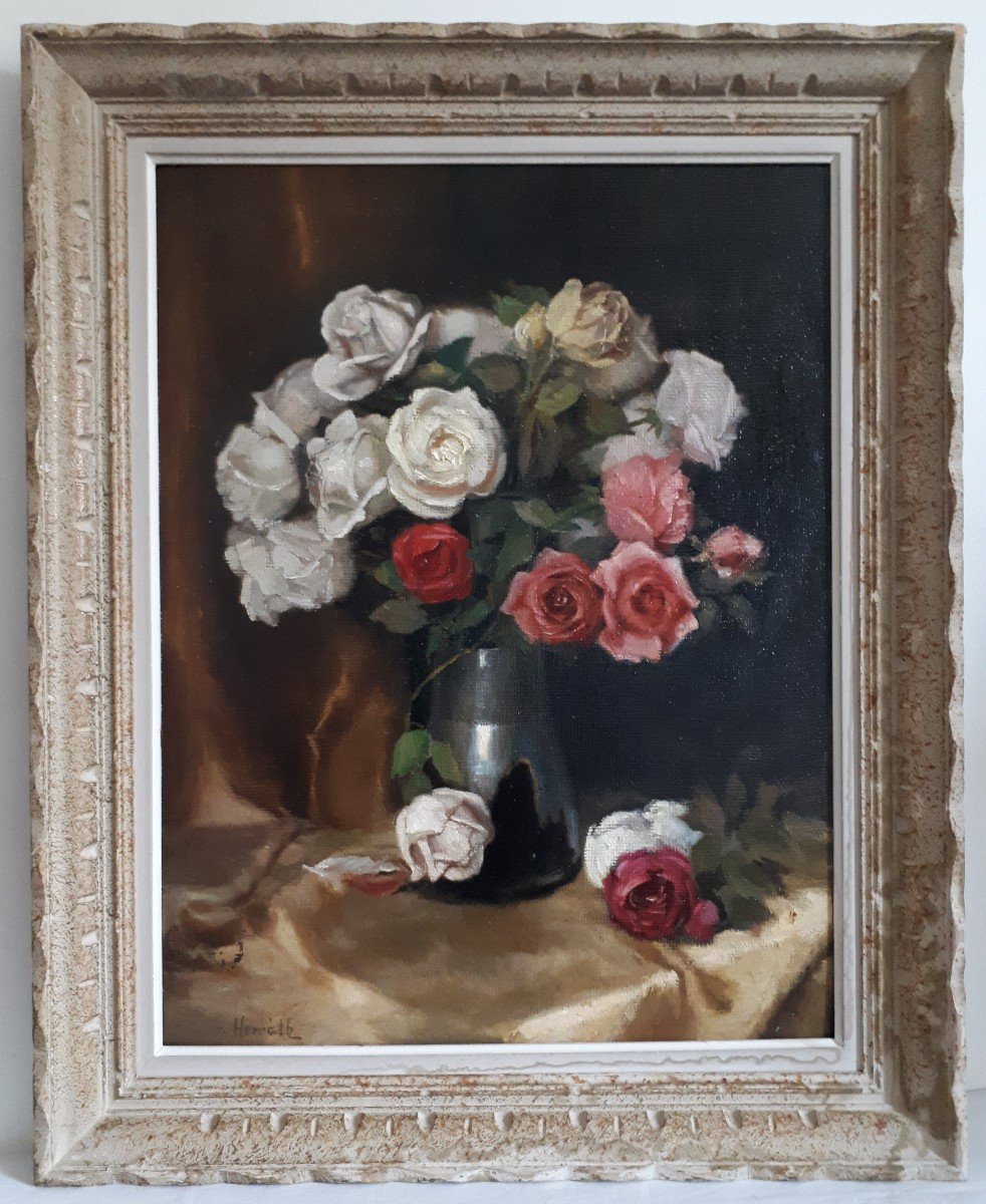 Lajos VON HORVATH (1903-1968) nature morte bouquet de fleurs roses huile sur panneau