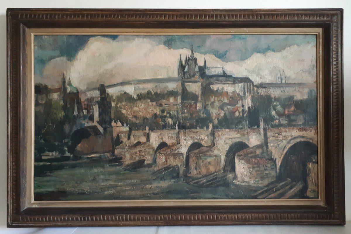 Ondine MAGNARD-VLACH  (1904-1968) vue de Prague le pont Charles huile sur toile