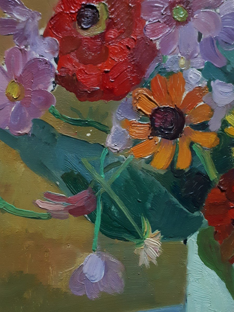 Paul RIGOULET (1924-2019) nature morte bouquet de fleurs huile sur toile-photo-2