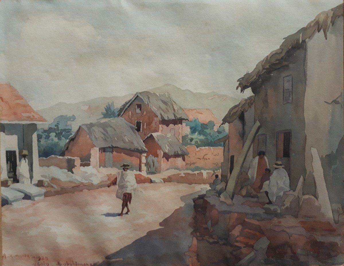 Albert RAMANDA (1901-1959) scène animée Madagascar Ambohimanga 1929 aquarelle malgache