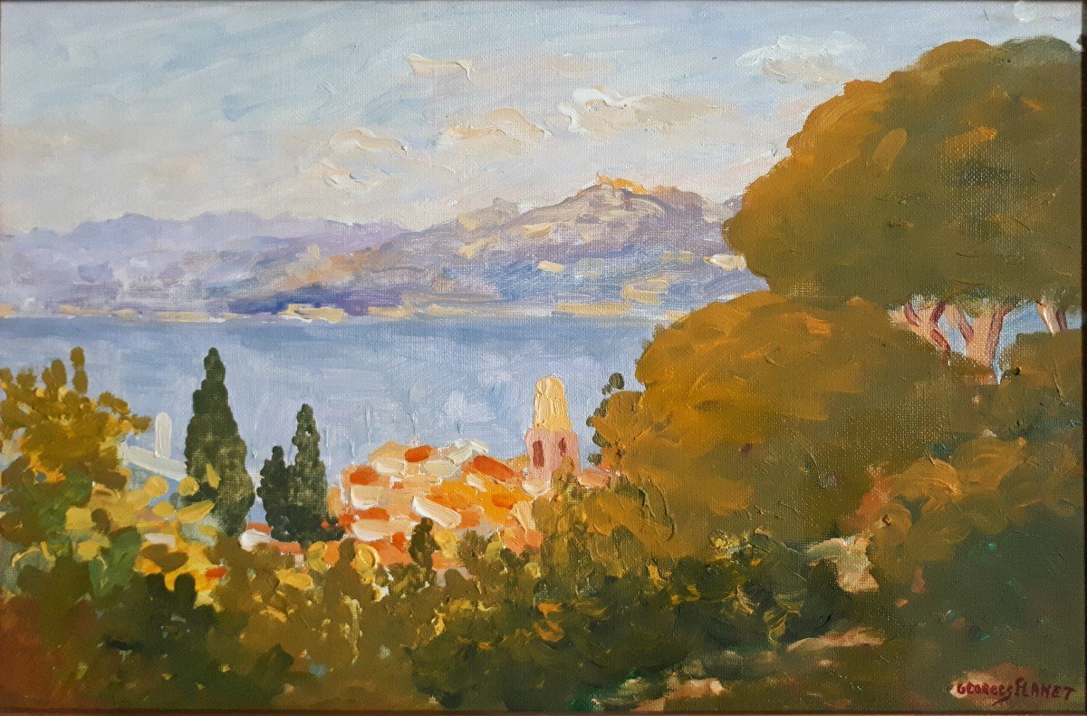 Georges FLANET (né en 1937) huile sur toile vue de Saint-Tropez Côte d'Azur-photo-2