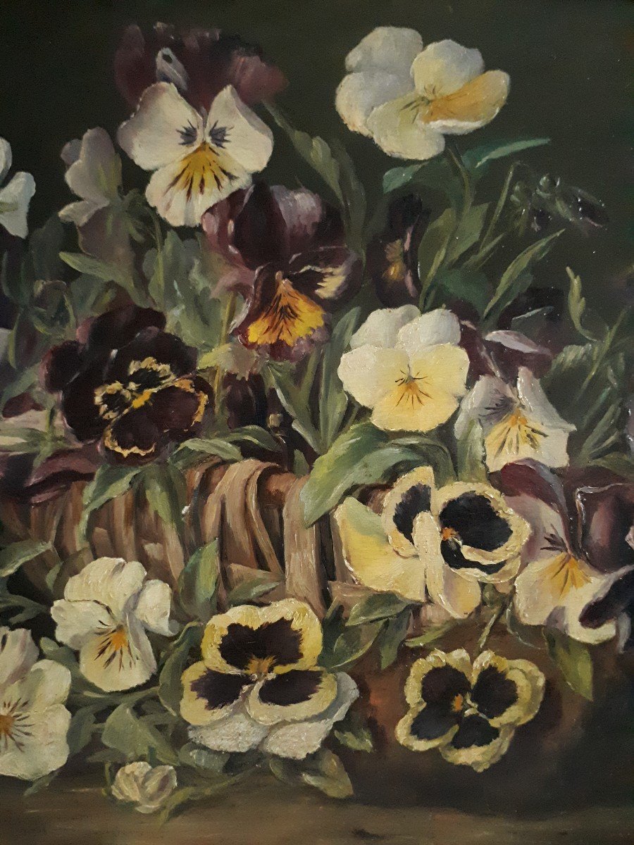 N. Thiaut Painting Oil On Wood Still Life With Pansy Flowers 1904 Early 20th-photo-3