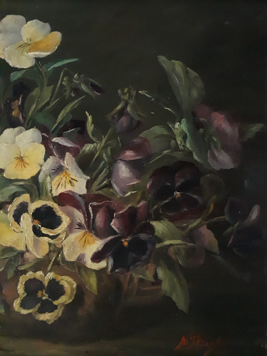 N. Thiaut Painting Oil On Wood Still Life With Pansy Flowers 1904 Early 20th-photo-4