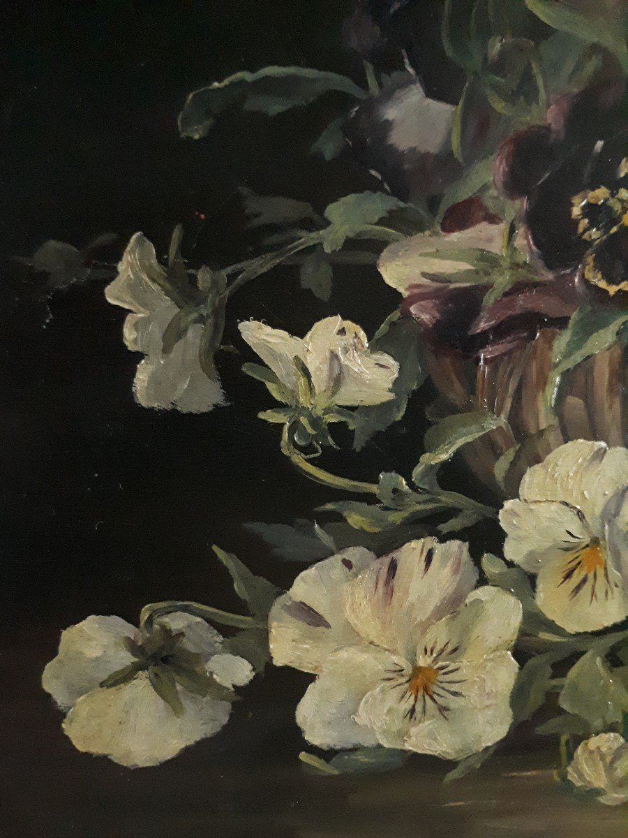 N. Thiaut Painting Oil On Wood Still Life With Pansy Flowers 1904 Early 20th-photo-1