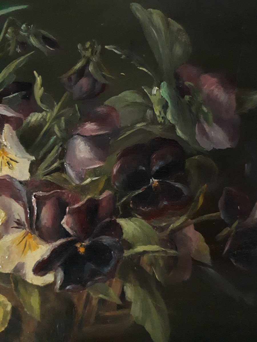 N. Thiaut Painting Oil On Wood Still Life With Pansy Flowers 1904 Early 20th-photo-4