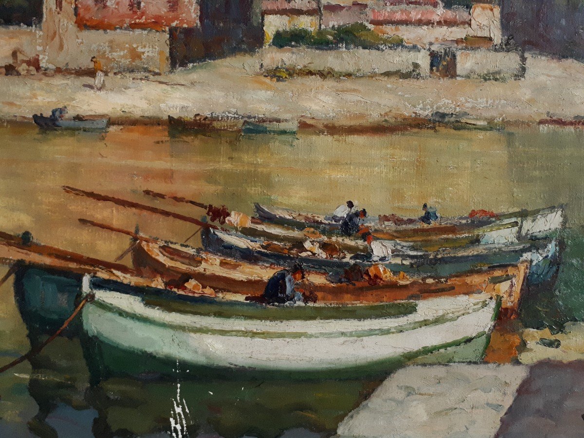 Henri FONTAINE (1887- ?) port du Lavandou 1945 gouache sur toile-photo-4